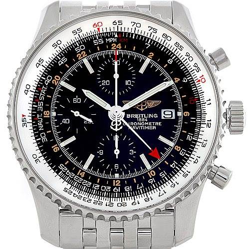The image shows a full frontal view of a Breitling Navitimer A24322 Men
s Stainless Steel Black Dial A24322 Men
s Stainless Steel Black Dial watch, displaying its face, bezel, and part of the stainless steel bracelet.