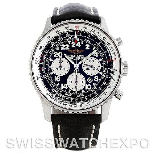 This image shows a front view of the Breitling Navitimer A22322 Men's Stainless Steel Black Dial A22322 Men's Stainless Steel Black Dial watch, featuring its black dial, chronograph sub-dials, and a leather strap.