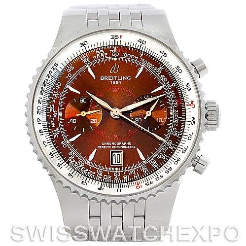 The image shows a front view of a Breitling Navitimer A23340 Men's Stainless Steel Brown Dial A23340 Men's Stainless Steel Brown Dial watch with a red dial and stainless steel bracelet.