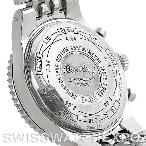 This image shows the back case of a Breitling Navitimer A23340 Men's Stainless Steel Brown Dial A23340 Men's Stainless Steel Brown Dial watch, displaying various engravings and specifications.