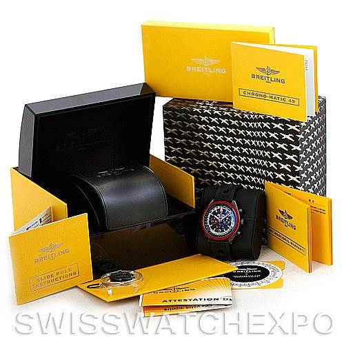 The image shows the Breitling Navitimer M14360 Men's Stainless Steel Black Dial M14360 Men's Stainless Steel Black Dial watch surrounded by its box, manuals, warranty card, and accessories from various angles.