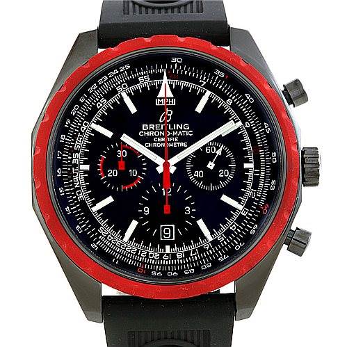 The image shows a front view of a Breitling Navitimer M14360 Men's Stainless Steel Black Dial M14360 Men's Stainless Steel Black Dial watch, highlighting its dial, bezel, hands, and pushers.