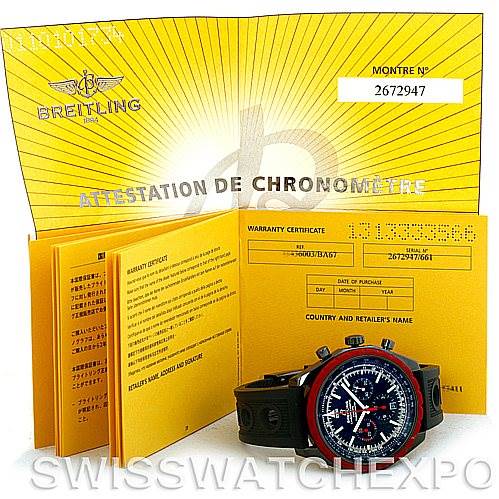 The image shows a Breitling Navitimer M14360 Men's Stainless Steel Black Dial M14360 Men's Stainless Steel Black Dial watch displayed alongside its open yellow warranty certificate booklet.
