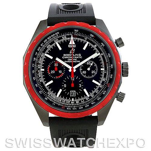 The image shows a front view of a Breitling Navitimer M14360 Men's Stainless Steel Black Dial M14360 Men's Stainless Steel Black Dial watch, highlighting its black dial, red bezel, and black strap.