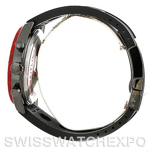 This image shows a side view of the Breitling Navitimer M14360 Men's Stainless Steel Black Dial M14360 Men's Stainless Steel Black Dial watch, highlighting the crown, dial edge, and the attached black strap.