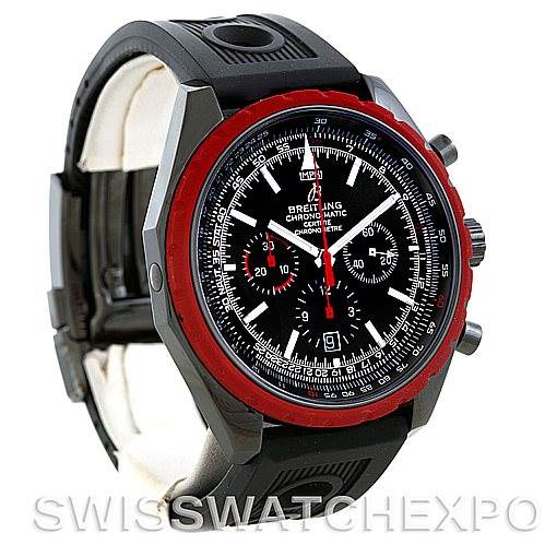 The image shows a Breitling Navitimer M14360 Men's Stainless Steel Black Dial M14360 Men's Stainless Steel Black Dial watch at an angled view, highlighting its black strap, red bezel, and detailed watch face.