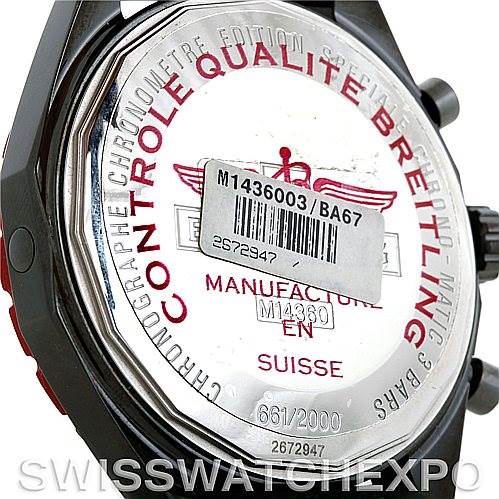 The image shows the back case of a Breitling Navitimer M14360 Men's Stainless Steel Black Dial M14360 Men's Stainless Steel Black Dial watch, emphasizing the engravings and a barcode sticker.