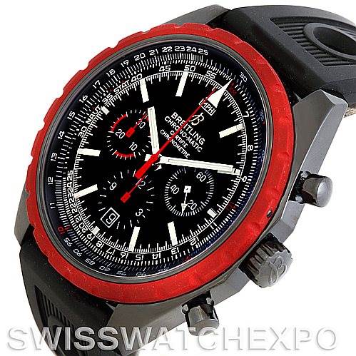 This image shows a Breitling Navitimer M14360 Men's Stainless Steel Black Dial M14360 Men's Stainless Steel Black Dial watch at an angled view, highlighting its black dial, red bezel, and black rubber strap.