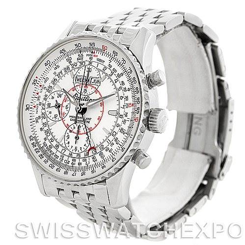 This image shows a Breitling Navitimer A21330 Men
s Stainless Steel Beige Dial A21330 Men
s Stainless Steel Beige Dial watch at a three-quarter angle, highlighting its face, dial, crown, pushers, and metal bracelet.