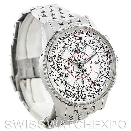 The image shows a front and slightly angled view of a Breitling Navitimer A21330 Men
s Stainless Steel Beige Dial A21330 Men
s Stainless Steel Beige Dial watch, showcasing its detailed dial and stainless steel bracelet.