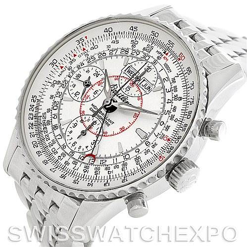 The image shows a silver Breitling Navitimer A21330 Men
s Stainless Steel Beige Dial A21330 Men
s Stainless Steel Beige Dial watch at an angled view, highlighting its detailed dial, bezel, and metal bracelet.