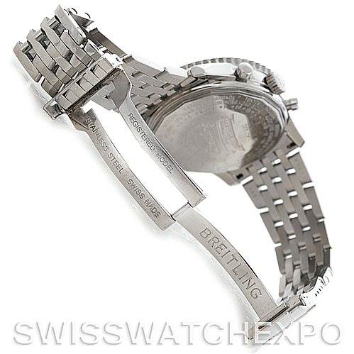 The image shows the underside and clasp of a Breitling Navitimer A21330 Men
s Stainless Steel Beige Dial A21330 Men
s Stainless Steel Beige Dial watch, highlighting the branded clasp and stainless steel bracelet.
