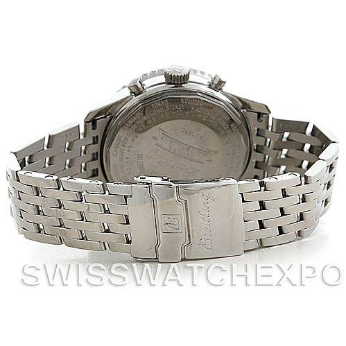 This image shows the rear view of a Breitling Navitimer A21330 Men
s Stainless Steel Beige Dial A21330 Men
s Stainless Steel Beige Dial watch, focusing on the case back and metal bracelet clasp.