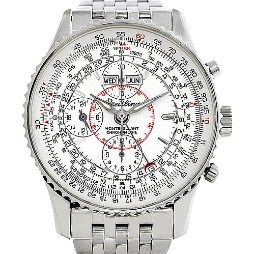 This image shows a front view of the Breitling Navitimer A21330 Men
s Stainless Steel Beige Dial A21330 Men
s Stainless Steel Beige Dial watch, displaying the dial, sub-dials, bezel, crown, and bracelet.