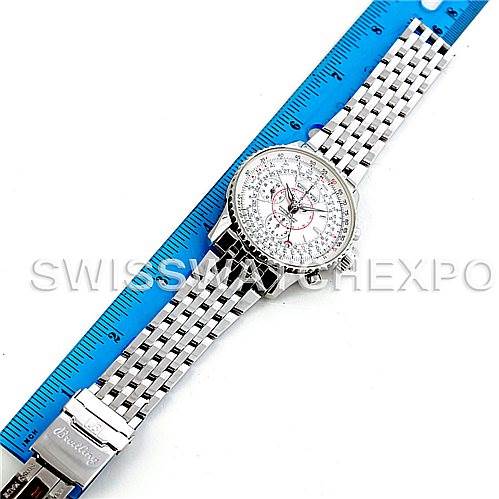 The Breitling Navitimer A21330 Men
s Stainless Steel Beige Dial A21330 Men
s Stainless Steel Beige Dial watch is shown from a top-down angle, with a focus on its dial, bezel, and metal bracelet.