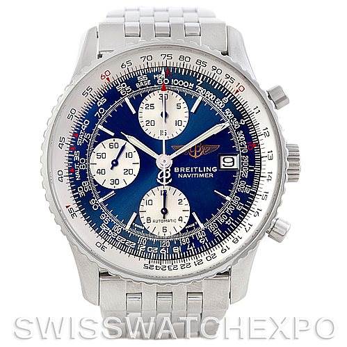 The image shows a frontal view of a Breitling Navitimer A13022 Men's Stainless Steel Blue Dial A13022 Men's Stainless Steel Blue Dial model watch, featuring a blue dial and chronograph subdials.