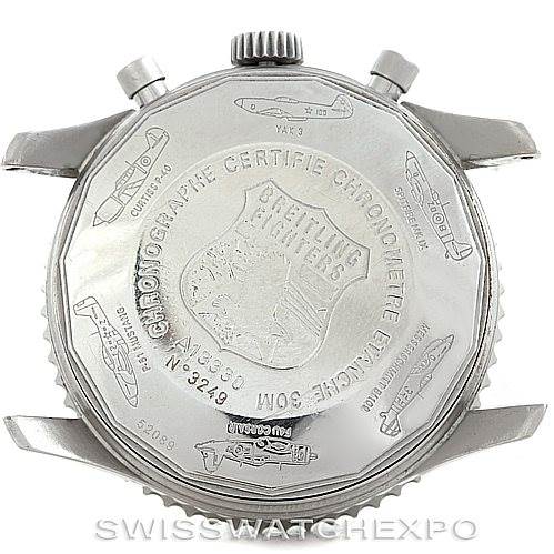 The image shows the back case of a Breitling Navitimer A13330 Men's Stainless Steel Black Dial A13330 Men's Stainless Steel Black Dial watch with engraved text and aircraft illustrations.