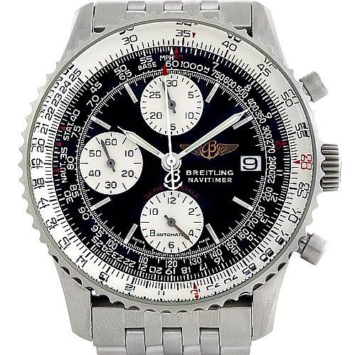 The image shows a front view of a Breitling Navitimer A13330 Men's Stainless Steel Black Dial A13330 Men's Stainless Steel Black Dial watch, displaying its dial, chronograph subdials, date window, and stainless steel bracelet.