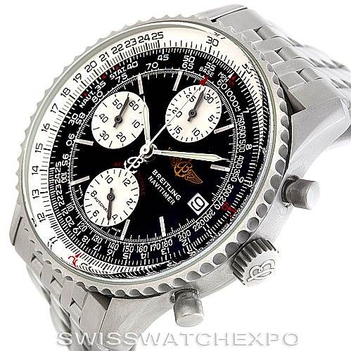 This image shows a Breitling Navitimer A13330 Men's Stainless Steel Black Dial A13330 Men's Stainless Steel Black Dial watch at a slight side angle, highlighting the detailed dial, bezel, chronograph pushers, and crown.