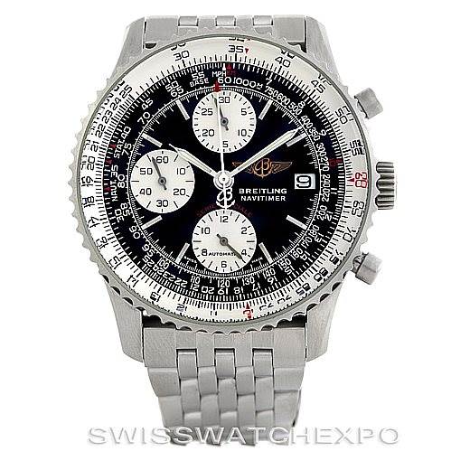 The image shows a Breitling Navitimer A13330 Men's Stainless Steel Black Dial A13330 Men's Stainless Steel Black Dial watch from a front angle, highlighting the dial, bezel, crown, and bracelet.