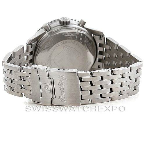 This image shows the back view of a Breitling Navitimer A13330 Men's Stainless Steel Black Dial A13330 Men's Stainless Steel Black Dial watch, focusing on its stainless steel bracelet and engraved clasp.