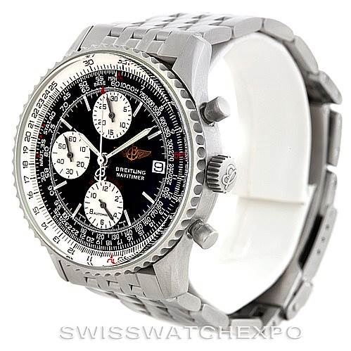 The Breitling Navitimer A13330 Men's Stainless Steel Black Dial A13330 Men's Stainless Steel Black Dial watch is shown from a front-side angle, displaying its black dial, chronograph subdials, rotating bezel, and metal bracelet.