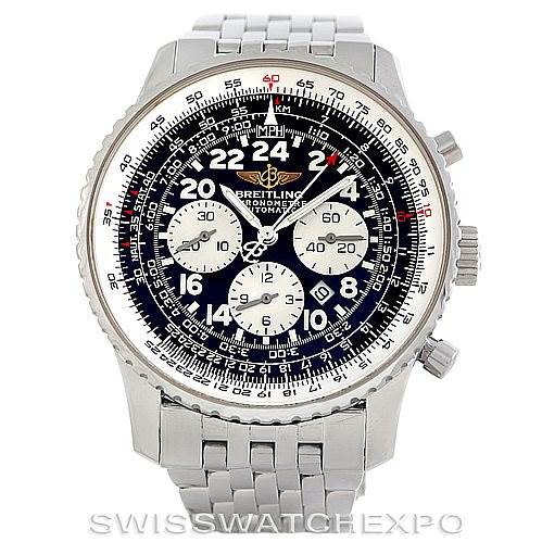 The image shows a front view of the Breitling Navitimer A22322 Men's Stainless Steel Black Dial A22322 Men's Stainless Steel Black Dial watch, displaying the full face and stainless steel bracelet.