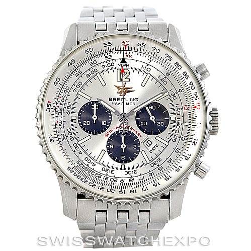 The image shows a frontal view of a Breitling Navitimer A41322 Men's Stainless Steel Silver Dial A41322 Men's Stainless Steel Silver Dial watch, showcasing its dial, bezel, pushers, and metal bracelet.