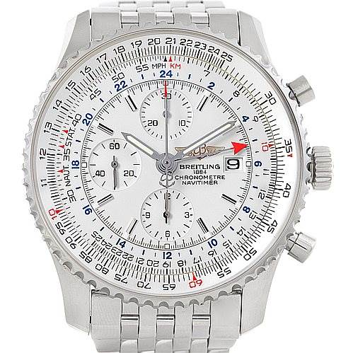 This image shows the front of a Breitling Navitimer A24322 Men
s Stainless Steel White Dial A24322 Men
s Stainless Steel White Dial watch, featuring its face, bezel, pushers, and part of its band.