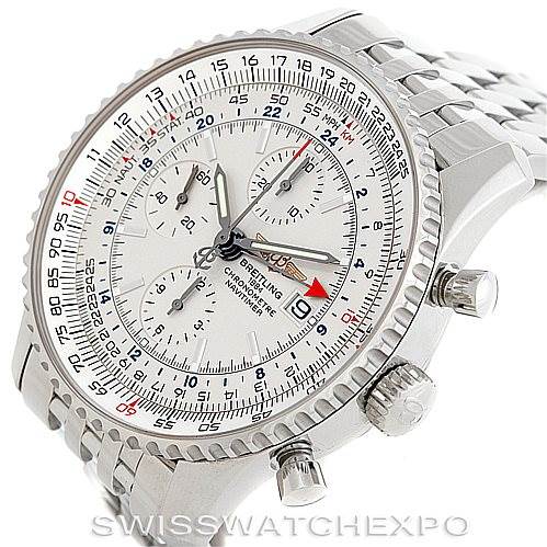 The image shows a close-up view of a Breitling Navitimer A24322 Men
s Stainless Steel White Dial A24322 Men
s Stainless Steel White Dial watch, highlighting its dial, bezel, chronograph subdials, and bracelet.
