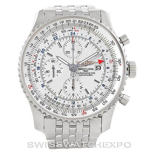 The image shows a front view of a Breitling Navitimer A24322 Men
s Stainless Steel White Dial A24322 Men
s Stainless Steel White Dial watch, displaying its dial, bezel, and bracelet.
