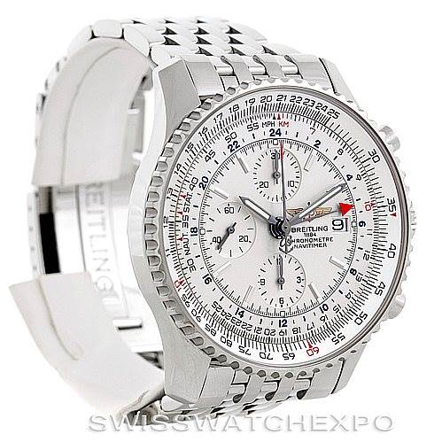 The image shows a Breitling Navitimer A24322 Men
s Stainless Steel White Dial A24322 Men
s Stainless Steel White Dial watch at a three-quarter angle, displaying the face, bezel, and part of the metal bracelet.