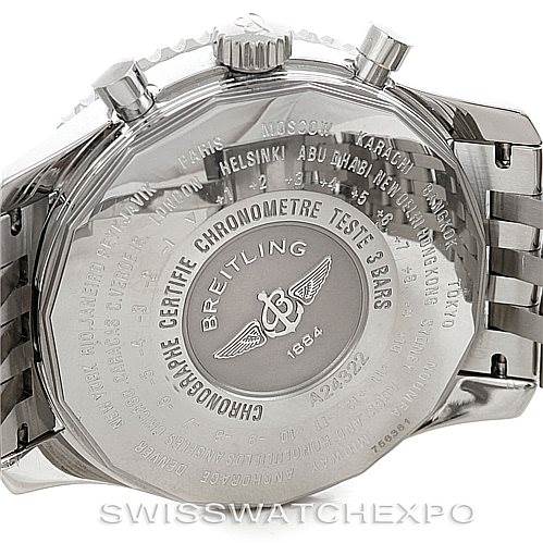This image shows the back of a Breitling Navitimer A24322 Men
s Stainless Steel White Dial A24322 Men
s Stainless Steel White Dial watch, including the case back engraving, pushers, crown, and part of the metal bracelet.