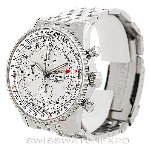 The Breitling Navitimer A24322 Men
s Stainless Steel White Dial A24322 Men
s Stainless Steel White Dial watch is shown at a slight angle, highlighting the face, bezel, crown, pushers, and steel bracelet.