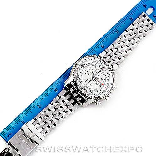 The Breitling Navitimer A24322 Men
s Stainless Steel White Dial A24322 Men
s Stainless Steel White Dial watch is shown from above, displaying the face, bezel, and bracelet with a blue ruler beside it.