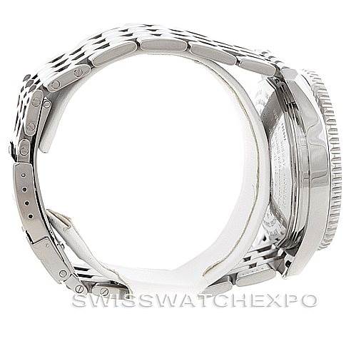 This image shows a side view of the Breitling Navitimer A24322 Men
s Stainless Steel White Dial A24322 Men
s Stainless Steel White Dial watch, focusing on its metal bracelet, case, and bezel.