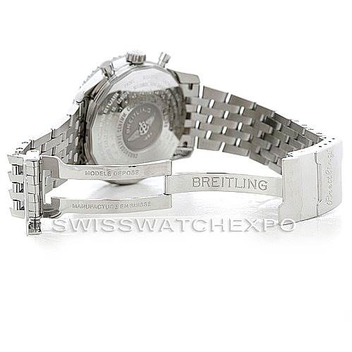 The image shows the back and bracelet of a Breitling Navitimer A24322 Men
s Stainless Steel White Dial A24322 Men
s Stainless Steel White Dial watch, with an open clasp revealing the Breitling brand name.