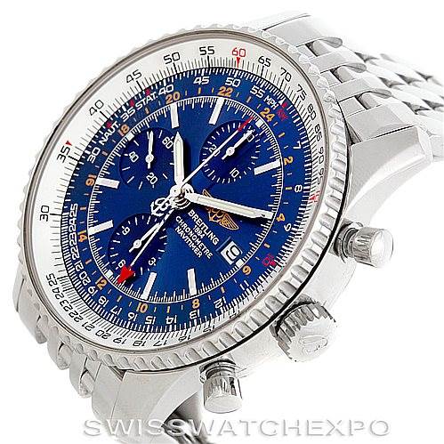 The image shows a side angle of the Breitling Navitimer A24322 Men's Stainless Steel Blue Dial A24322 Men's Stainless Steel Blue Dial watch, highlighting its blue dial, bezel, crown, and chronograph pushers.