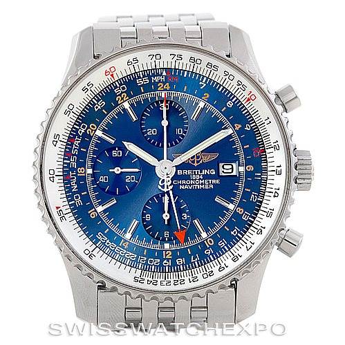 The image shows the front view of a Breitling Navitimer A24322 Men's Stainless Steel Blue Dial A24322 Men's Stainless Steel Blue Dial watch, highlighting its blue dial, chronograph functions, and metal bracelet.