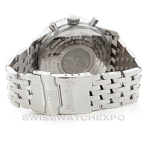 This image shows the back view of a Breitling Navitimer A24322 Men's Stainless Steel Blue Dial A24322 Men's Stainless Steel Blue Dial watch, focusing on the clasp and case back.