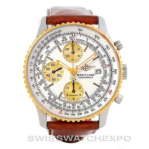 The image shows a front view of a Breitling Navitimer D13022 Men's Stainless Steel White Dial D13022 Men's Stainless Steel White Dial watch including the face, crown, pushers, and leather strap.