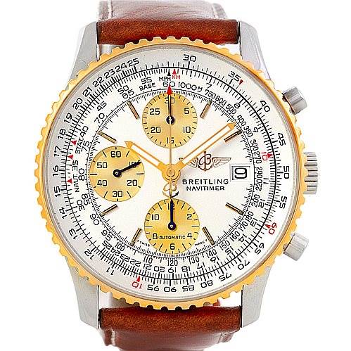 The image shows a front view of a Breitling Navitimer D13022 Men's Stainless Steel White Dial D13022 Men's Stainless Steel White Dial watch, featuring its dial, chronograph subdials, and date window.