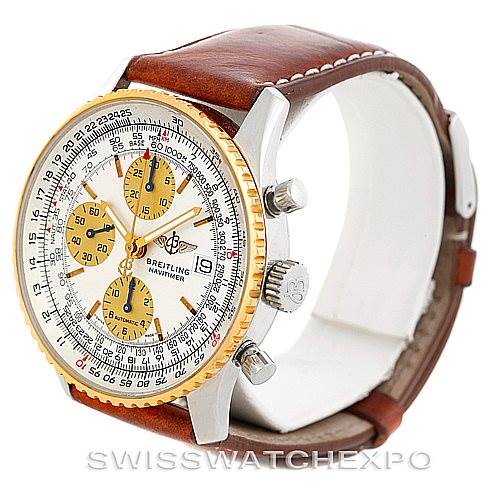 The image shows a Breitling Navitimer D13022 Men's Stainless Steel White Dial D13022 Men's Stainless Steel White Dial watch at a slight angle, highlighting the face, bezel, chronograph dials, and leather strap.