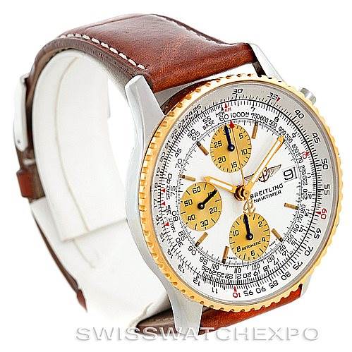 The image shows a Breitling Navitimer D13022 Men's Stainless Steel White Dial D13022 Men's Stainless Steel White Dial watch at a three-quarter angle, highlighting the dial, bezel, and leather strap.