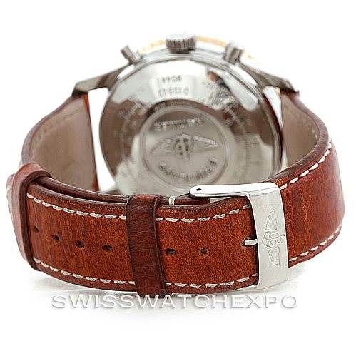 This image shows the back view of a Breitling Navitimer D13022 Men's Stainless Steel White Dial D13022 Men's Stainless Steel White Dial watch, highlighting the leather strap and clasp.