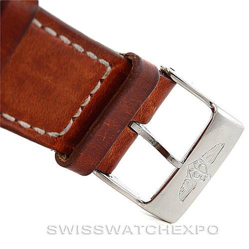 This image shows a close-up of the brown leather strap and buckle of a Breitling Navitimer D13022 Men's Stainless Steel White Dial D13022 Men's Stainless Steel White Dial watch.