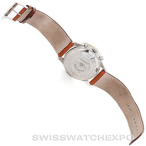 The image shows the back view of a Breitling Navitimer D13022 Men's Stainless Steel White Dial D13022 Men's Stainless Steel White Dial watch, focusing on the leather strap and case back.