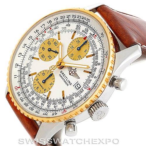 The image shows a Breitling Navitimer D13022 Men's Stainless Steel White Dial D13022 Men's Stainless Steel White Dial watch at a slight angle, highlighting the bezel, crown, pushers, dial, and leather strap.