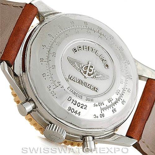 This image shows the back case, crown, and lugs of a Breitling Navitimer D13022 Men's Stainless Steel White Dial D13022 Men's Stainless Steel White Dial watch, including the engraved model details.