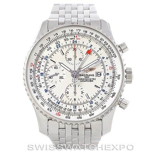 This image shows a front view of the Breitling Navitimer A24322 Men's Stainless Steel White Dial A24322 Men's Stainless Steel White Dial watch with a metal bracelet and visible chronograph dials.